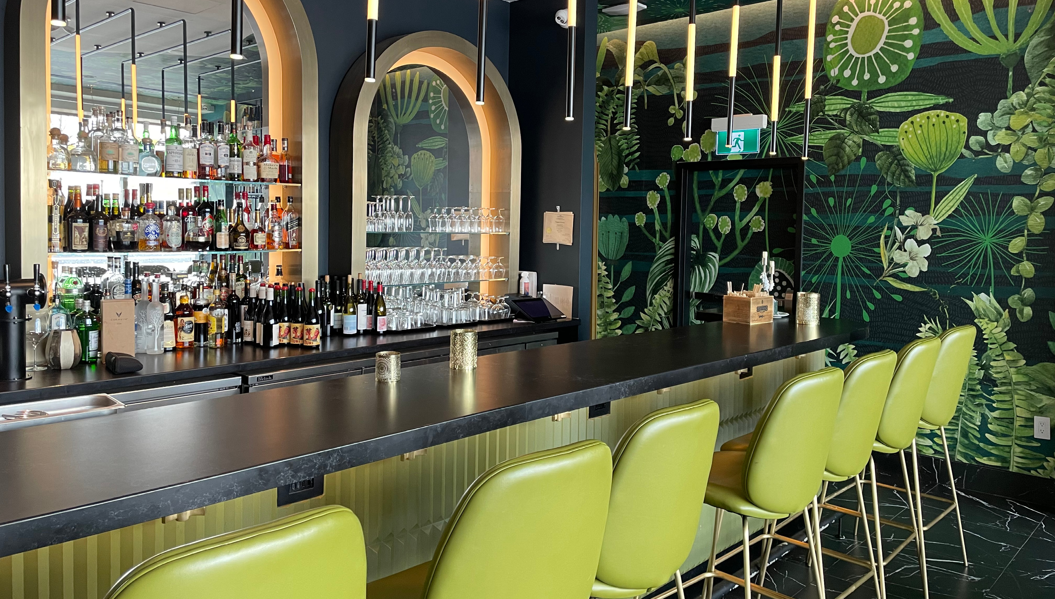 Peacock Wine Bar Columns, Bar Banquettes, Wine Glass Racks, Mirrored